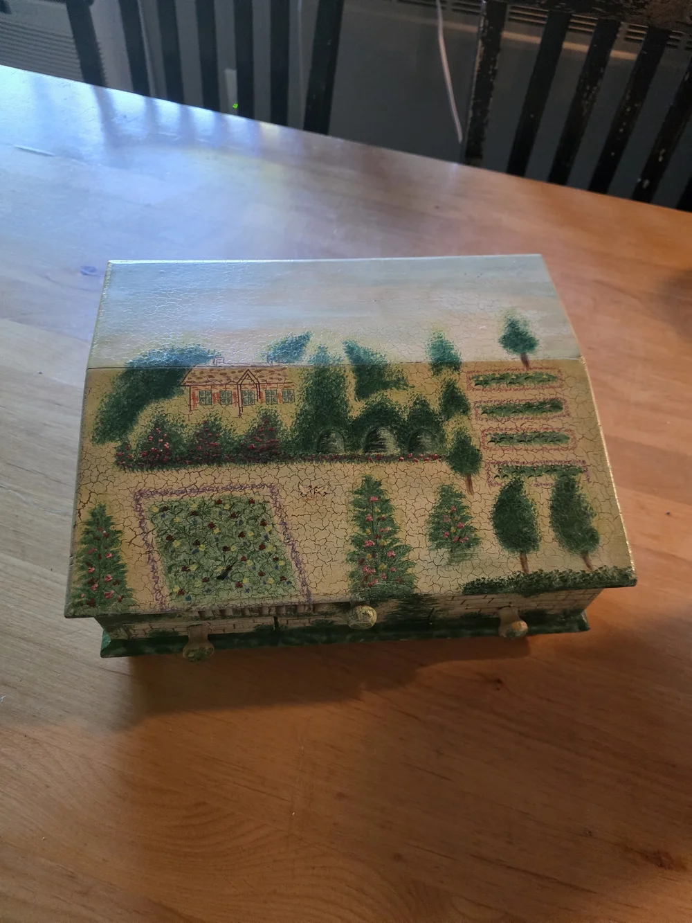 Vintage Hand-Painted Garden Motif Jewelry Box